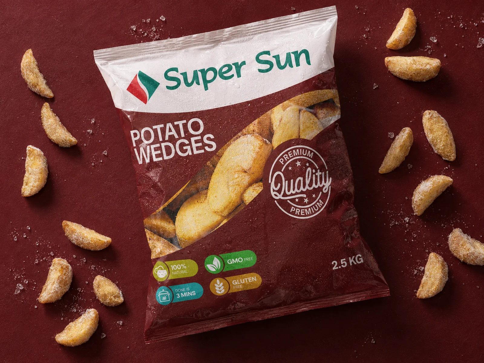 A Super Sun potato wedges pack on burnt red, with wedges scattered around it
