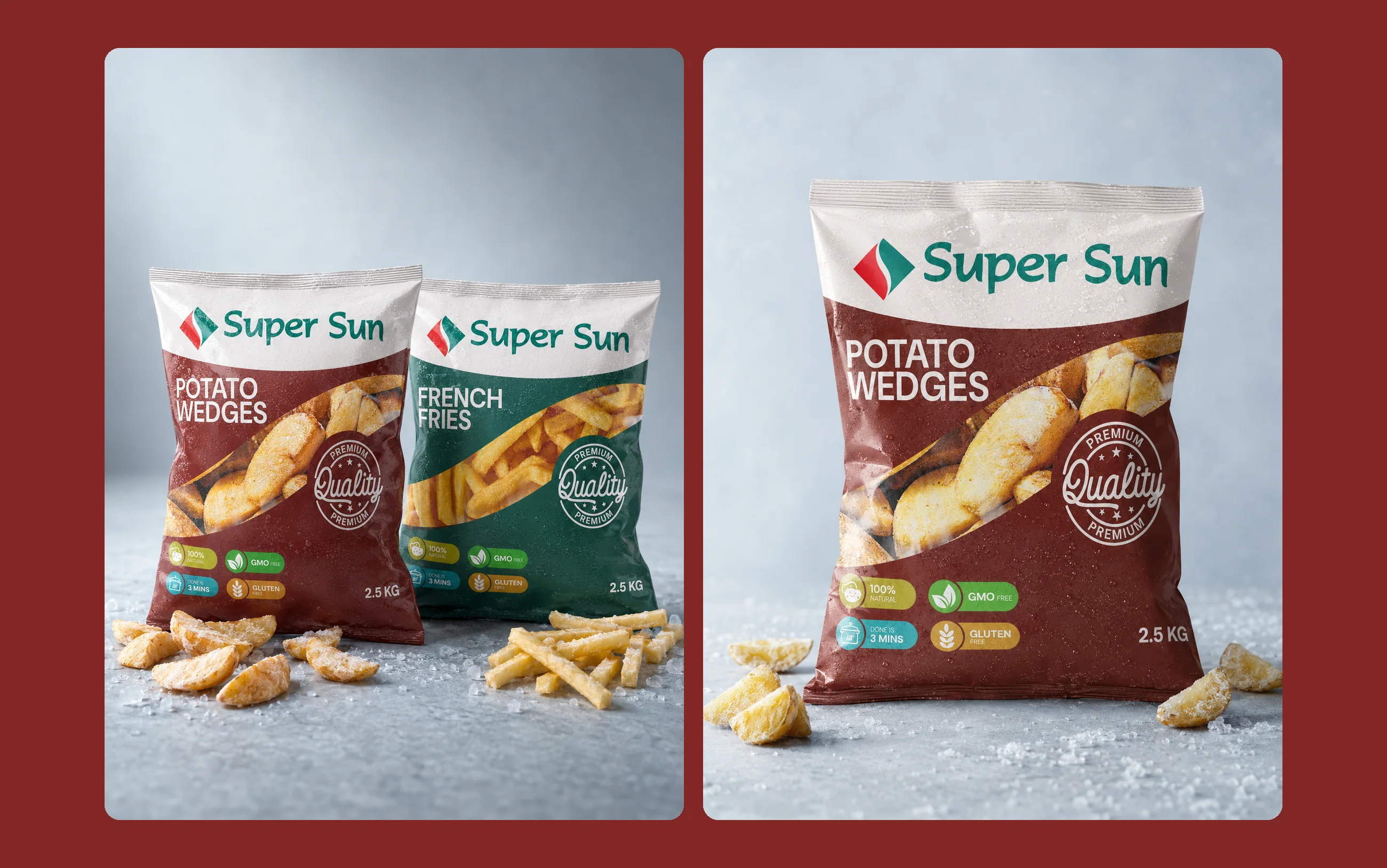 Super Sun potato wedges and french fries packs, and a wedges pack on its own
