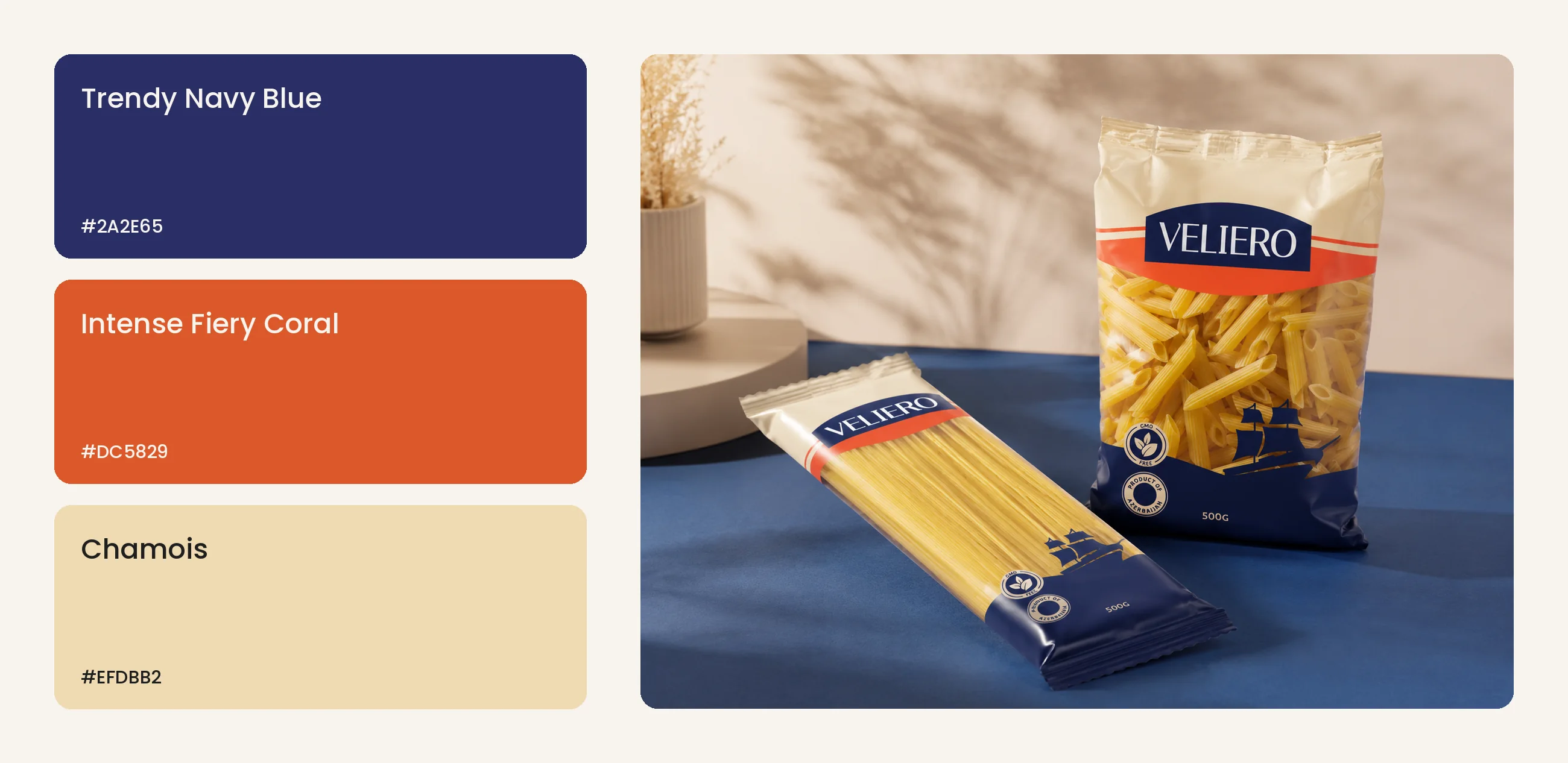 The Veliero palette beside spaghetti and penne packs on a navy table