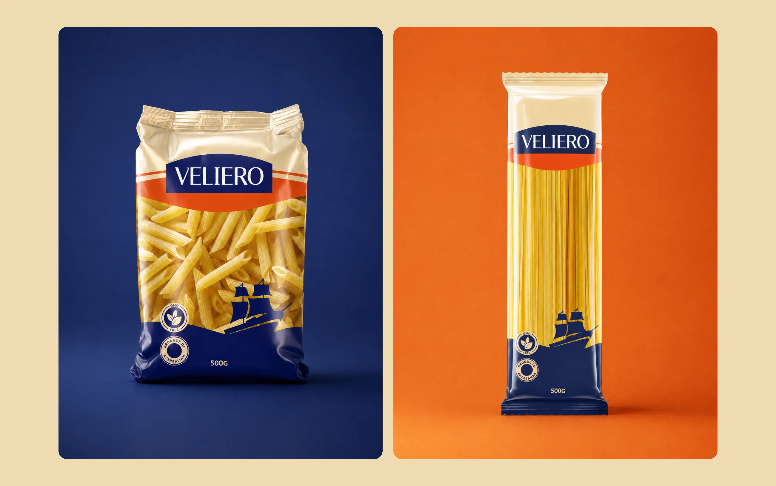 A Veliero penne pack on navy and a spaghetti pack on coral