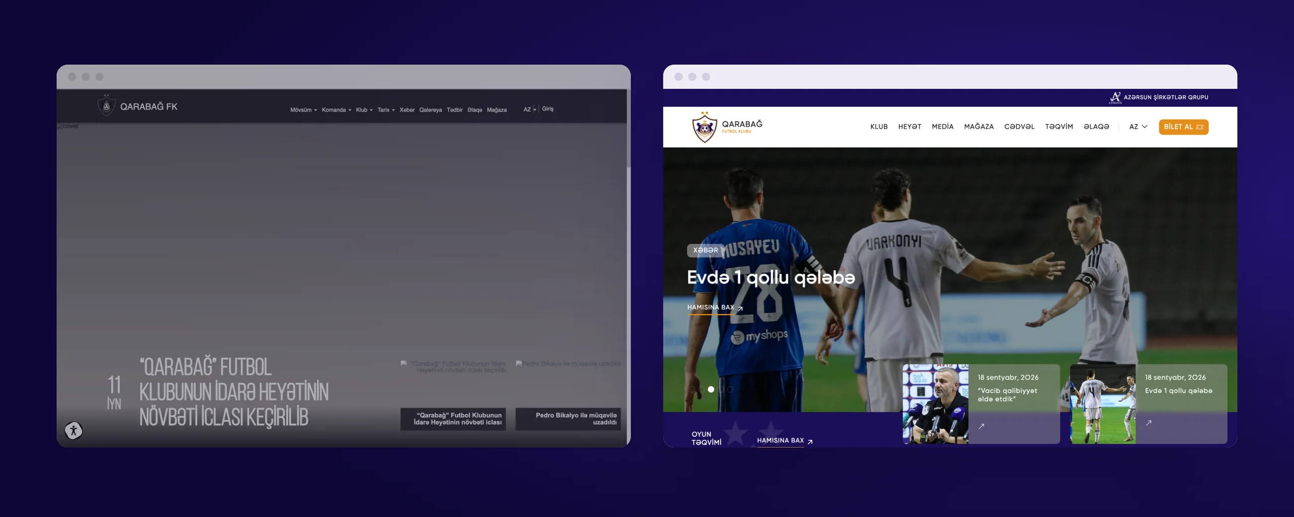 The old home page, a faded slideshow with broken thumbnails, next to the new home page with match photography and news cards