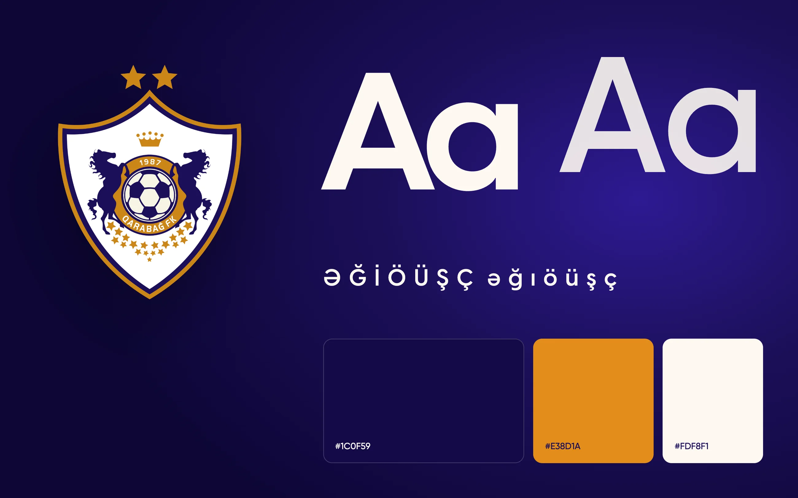 The Qarabağ crest, Visby CF and Gilroy type specimens with Azerbaijani letters, and swatches in navy, crest gold and cream