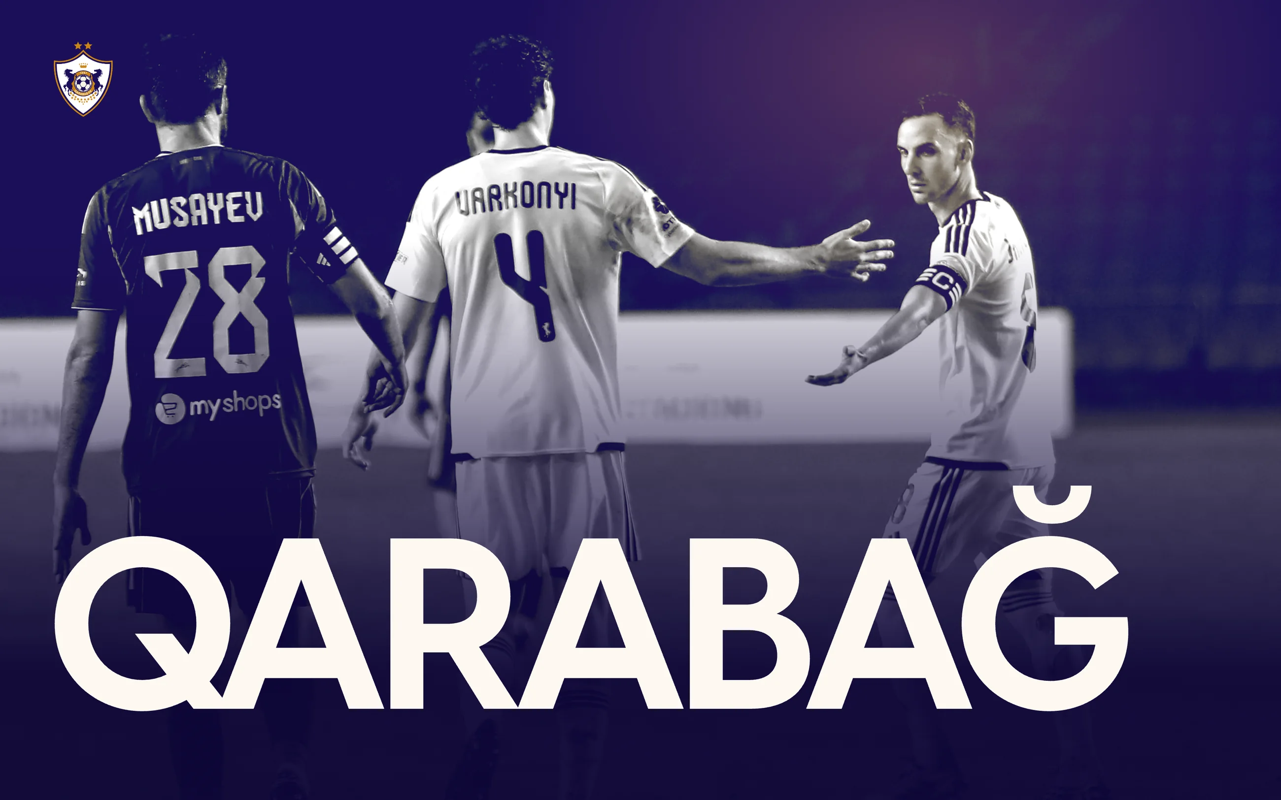 Qarabağ poster: match photograph in navy and cream with the club name set huge across the bottom