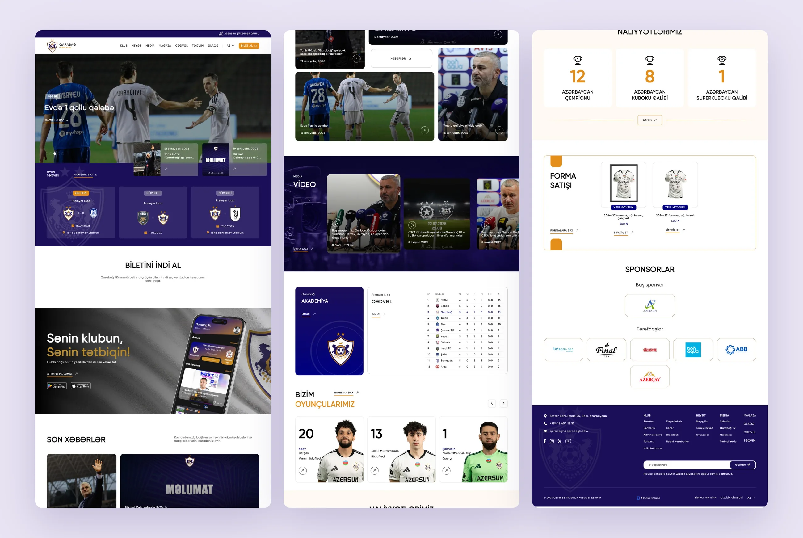 The full home page split into three columns: hero, fixtures, tickets, app, news, video, academy, league table, squad, trophies, kit shop, sponsors and footer