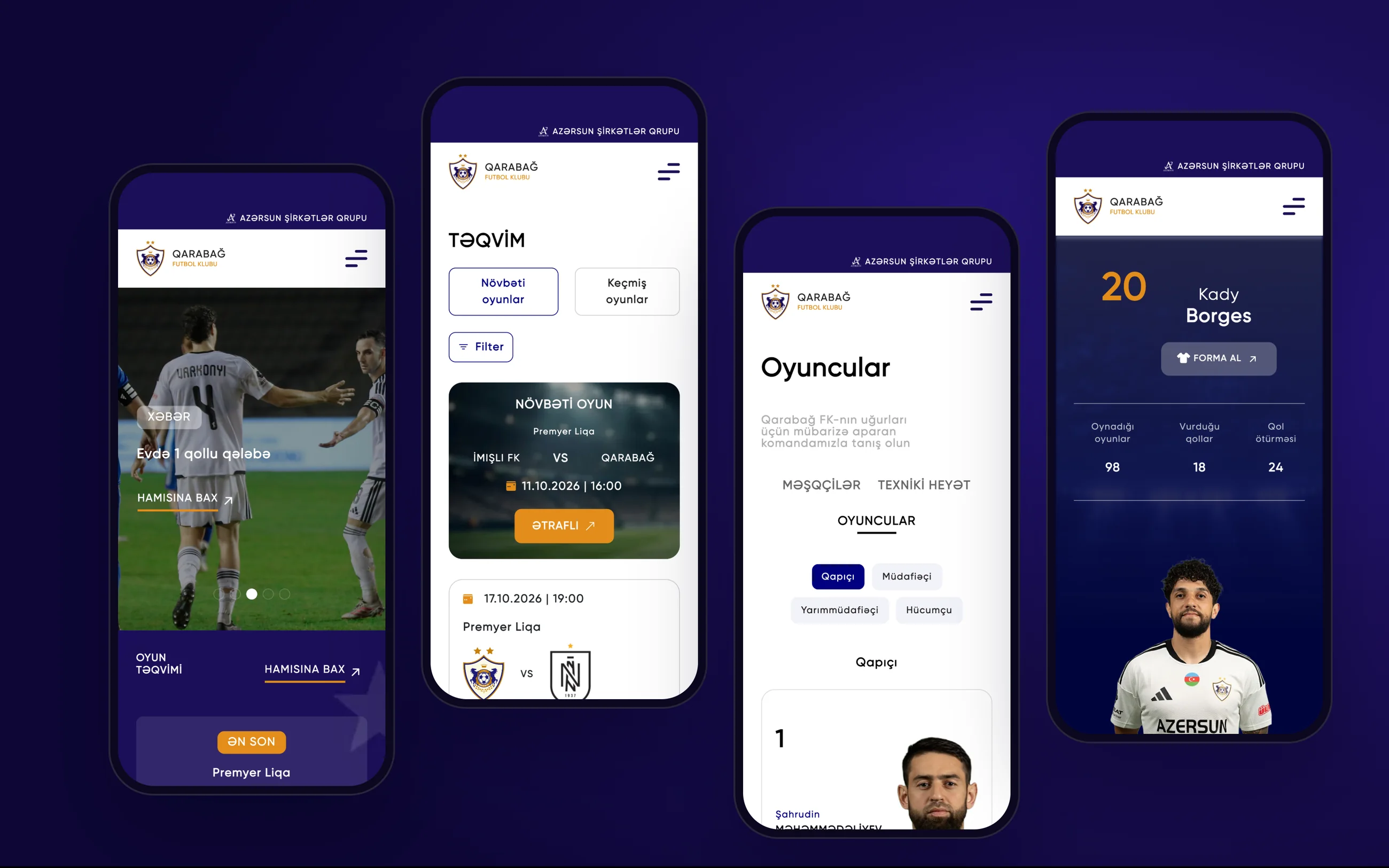 Four phones showing the home page, match calendar, squad list and a player profile