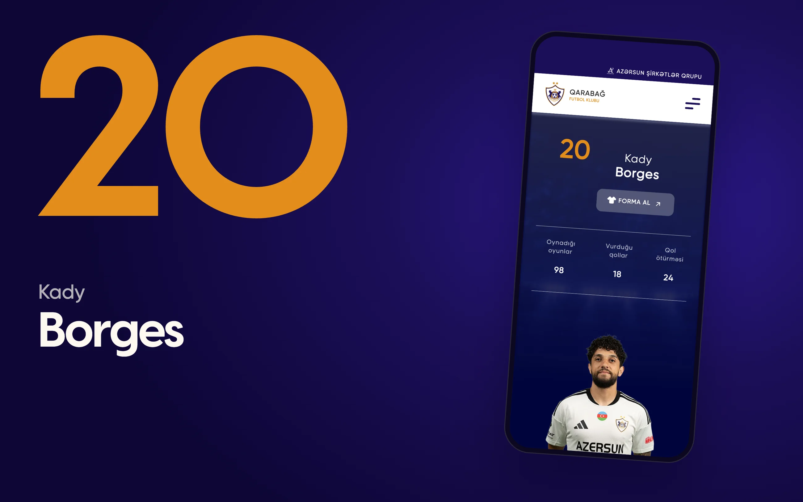 Shirt number 20 set huge in gold beside Kady Borges' profile page on a phone