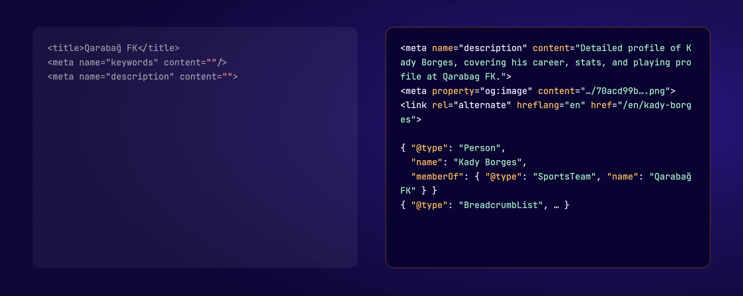 The old page head with an empty description next to the new head with a description, Open Graph tags, hreflang and JSON-LD for a player