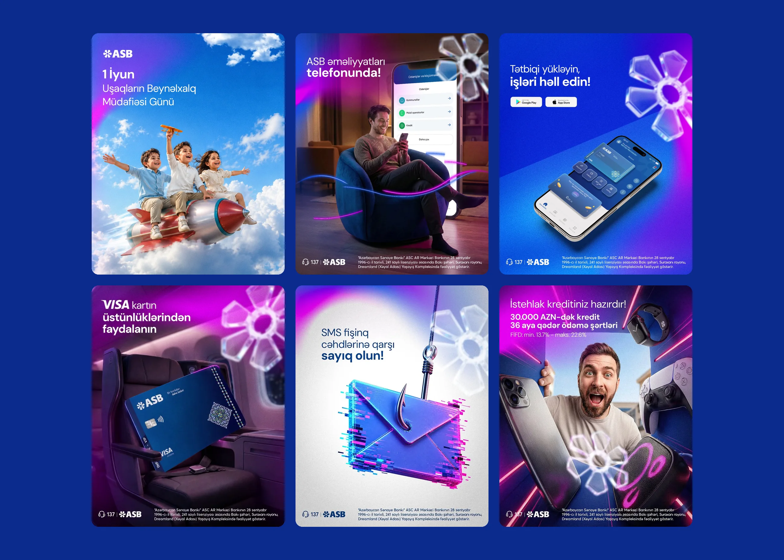 Six ASB posts: Children's Day, mobile banking, the ASB app, the Visa card, an SMS phishing warning and a consumer loan
