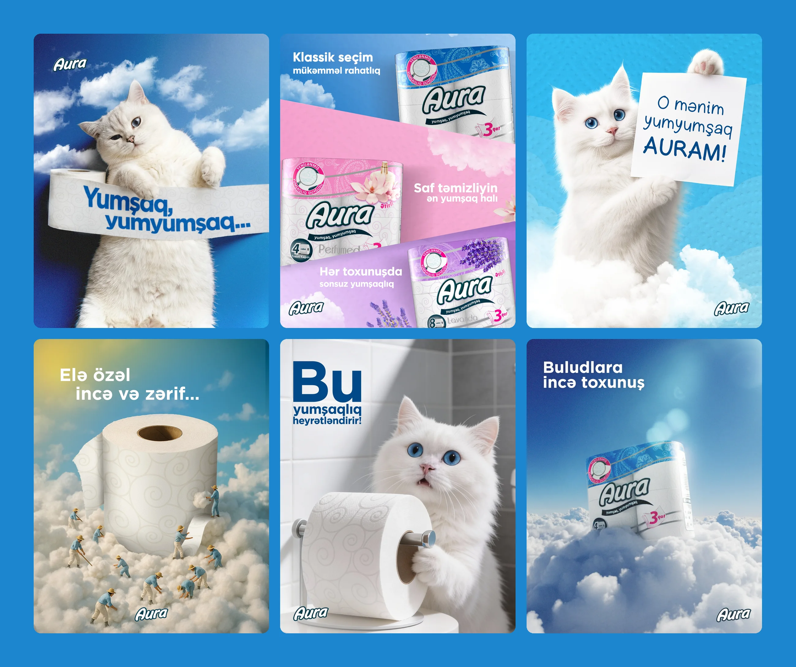 Six Aura posts: a white cat wrapped in tissue, the product range, the cat holding a sign, a giant roll on clouds, the cat with a roll and a pack floating on clouds