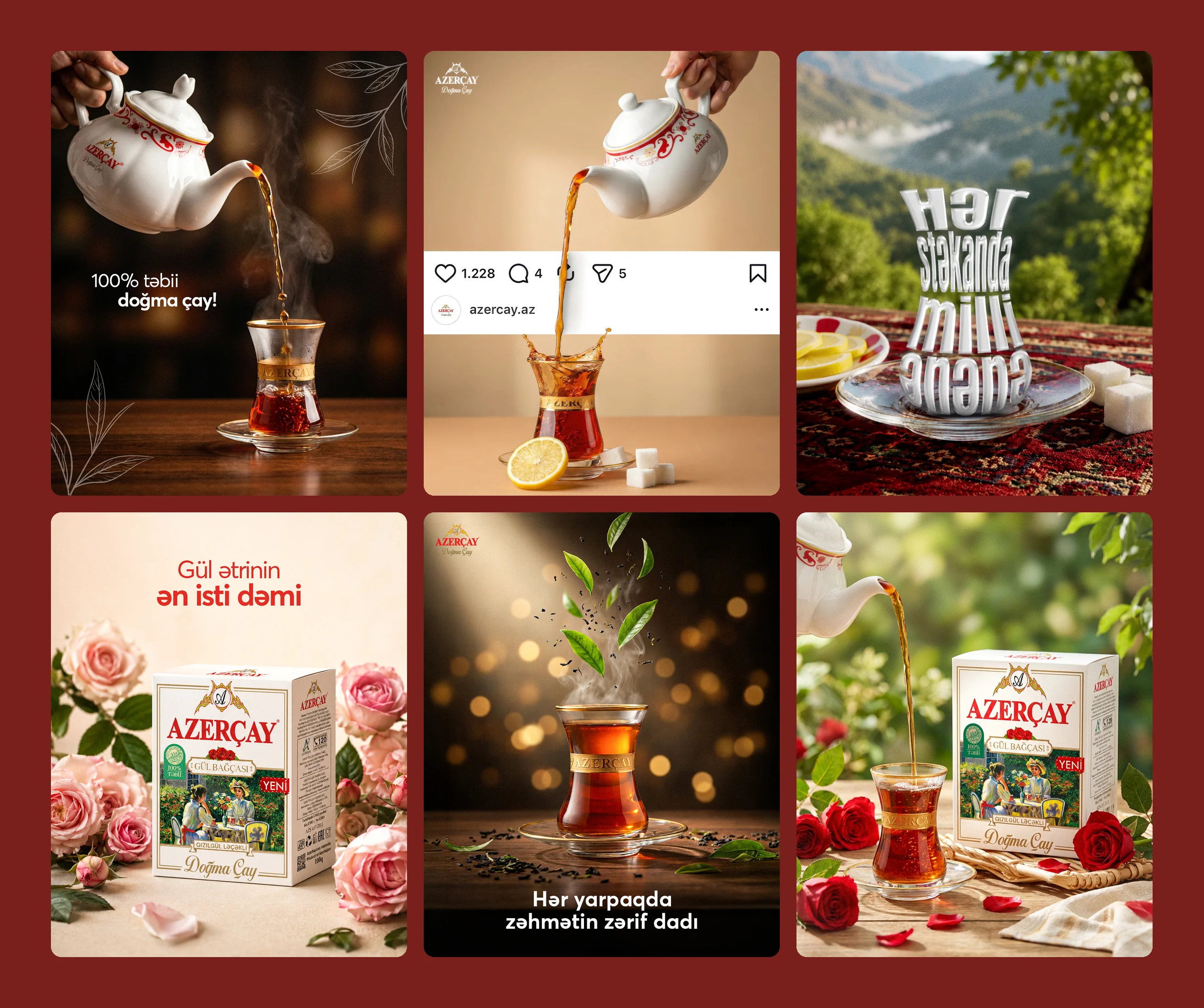 Six Azerçay posts: tea poured into an armudu glass, a tea glass with lemon, lettering in a glass, the rose tea box among roses, tea leaves falling into a glass and a teapot pouring