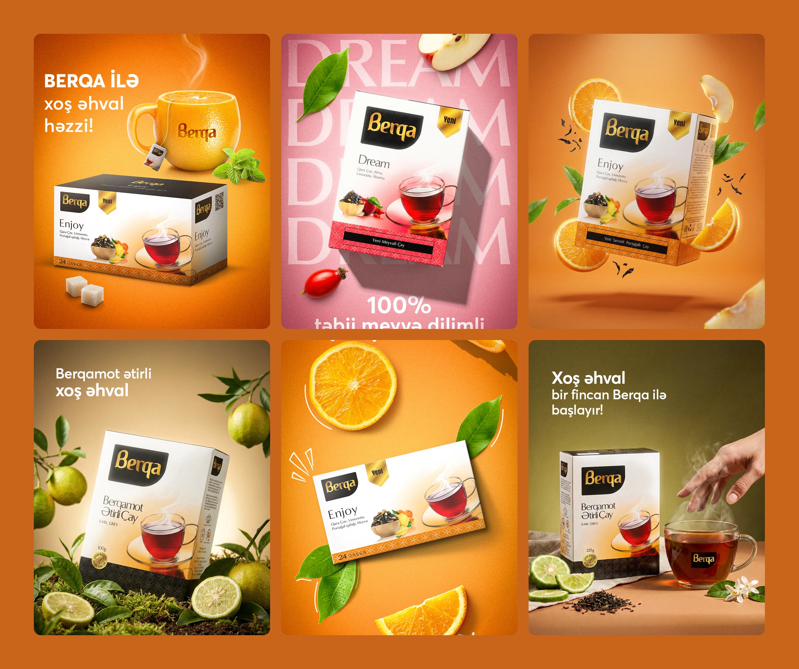 Six Berqa tea posts with orange, rosehip and bergamot around the boxes and a cup being poured