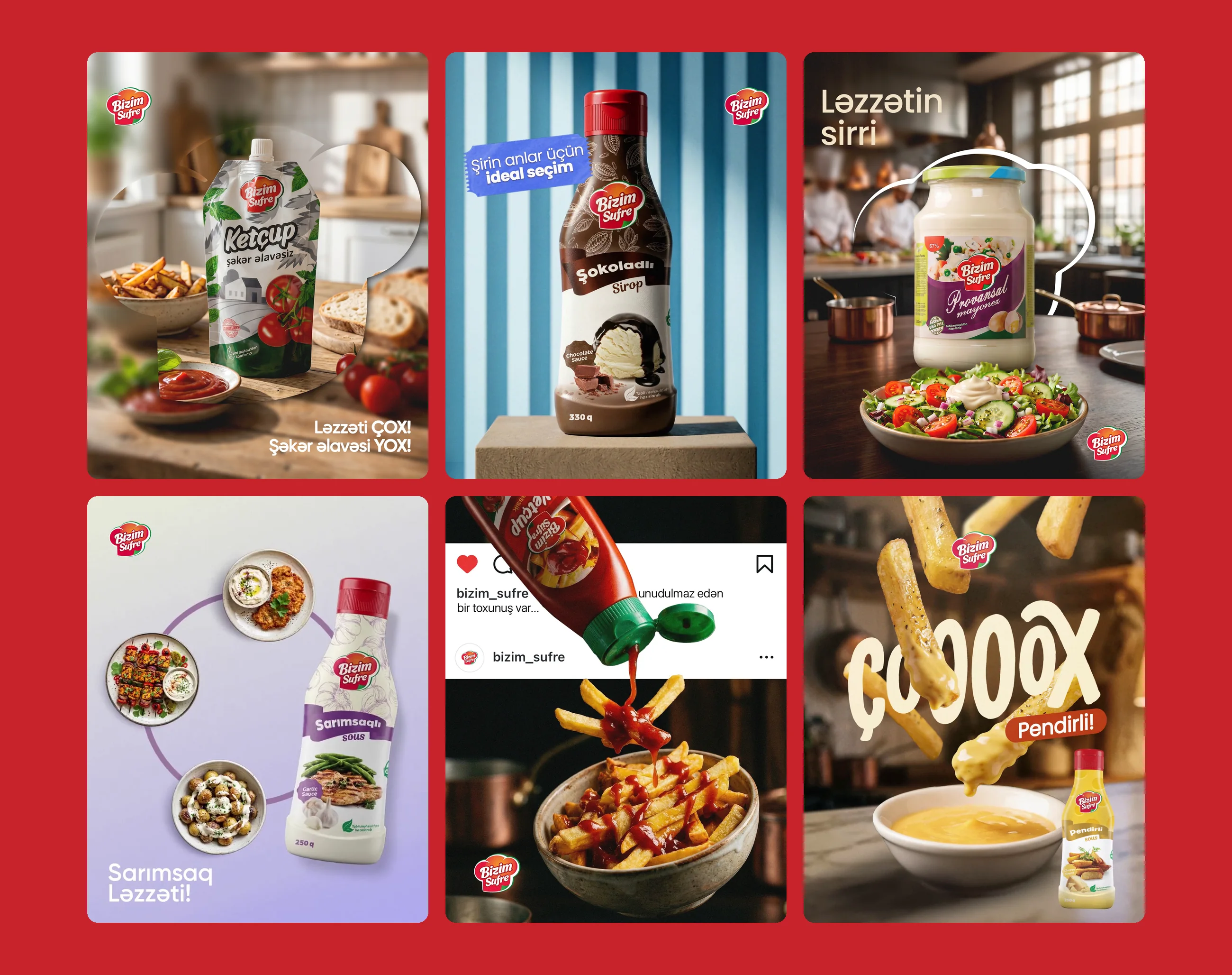 Six Bizim Süfrə posts: ketchup with fries, chocolate syrup on ice cream, mayonnaise with salad, garlic sauce, ketchup poured on fries and cheese sauce