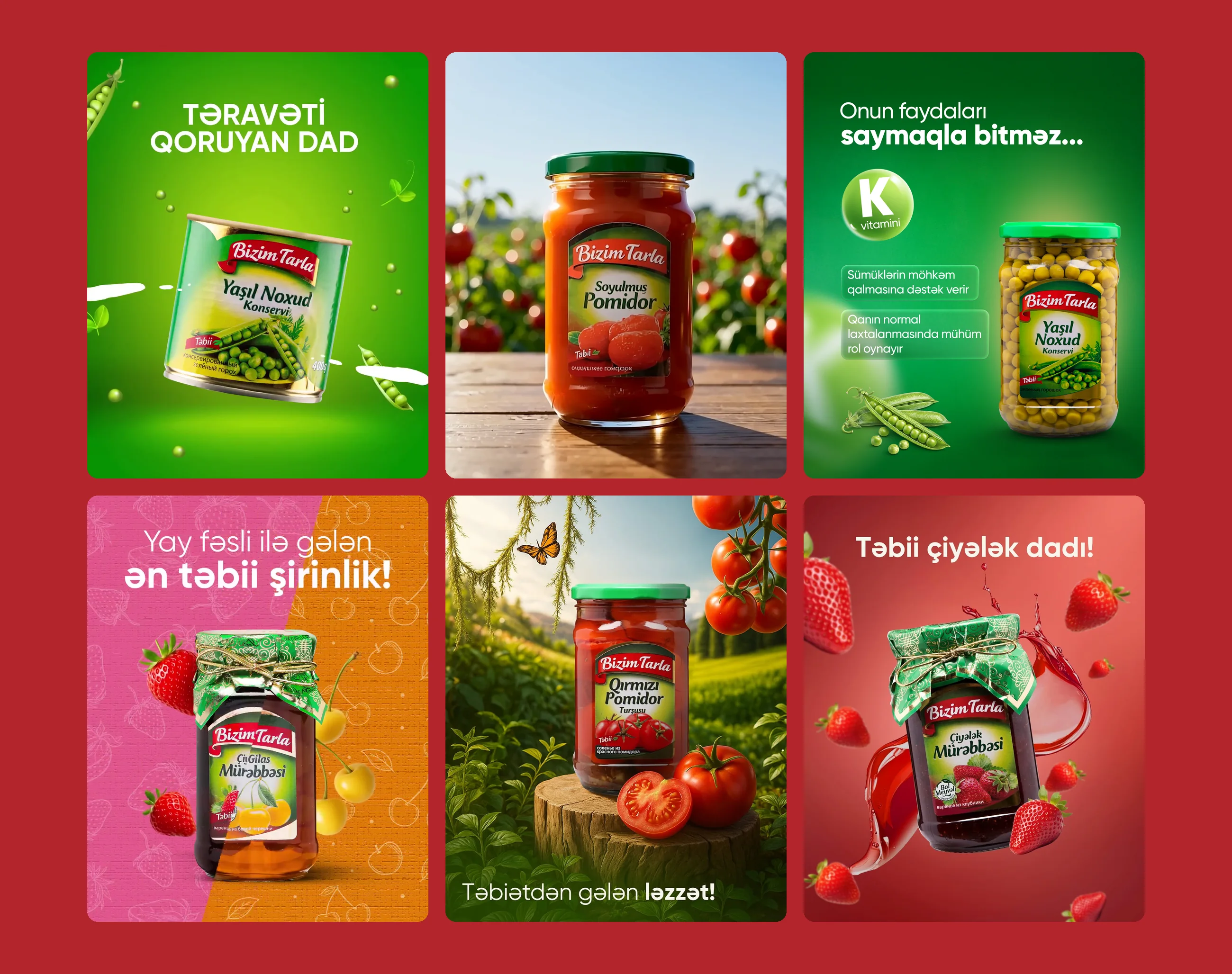 Six Bizim Tarla posts: green peas, peeled tomatoes, a vitamin K post, apricot jam, tomatoes on a tree stump and strawberry jam