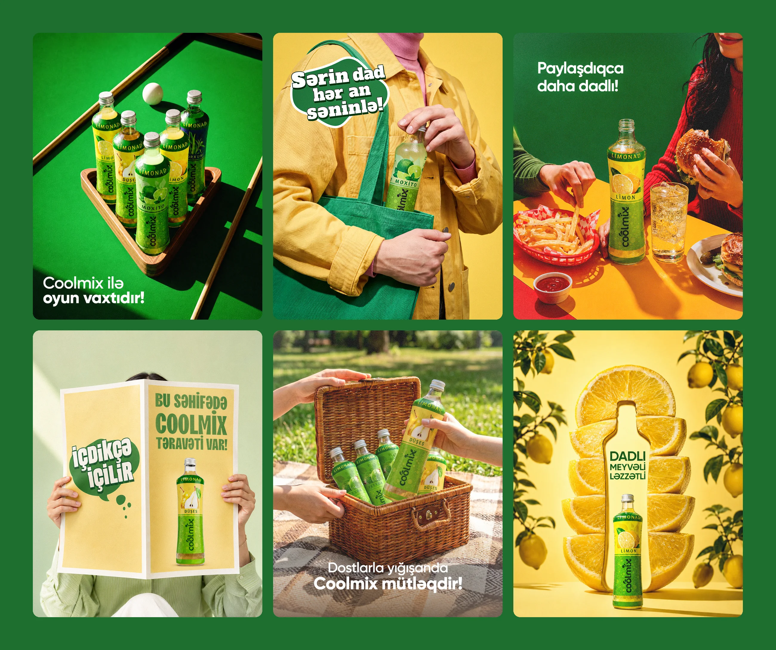 Six Coolmix posts: bottles on a pool table, a bottle in a tote bag, lunch with friends, a newspaper ad, a picnic basket and a bottle in a stack of lemon slices
