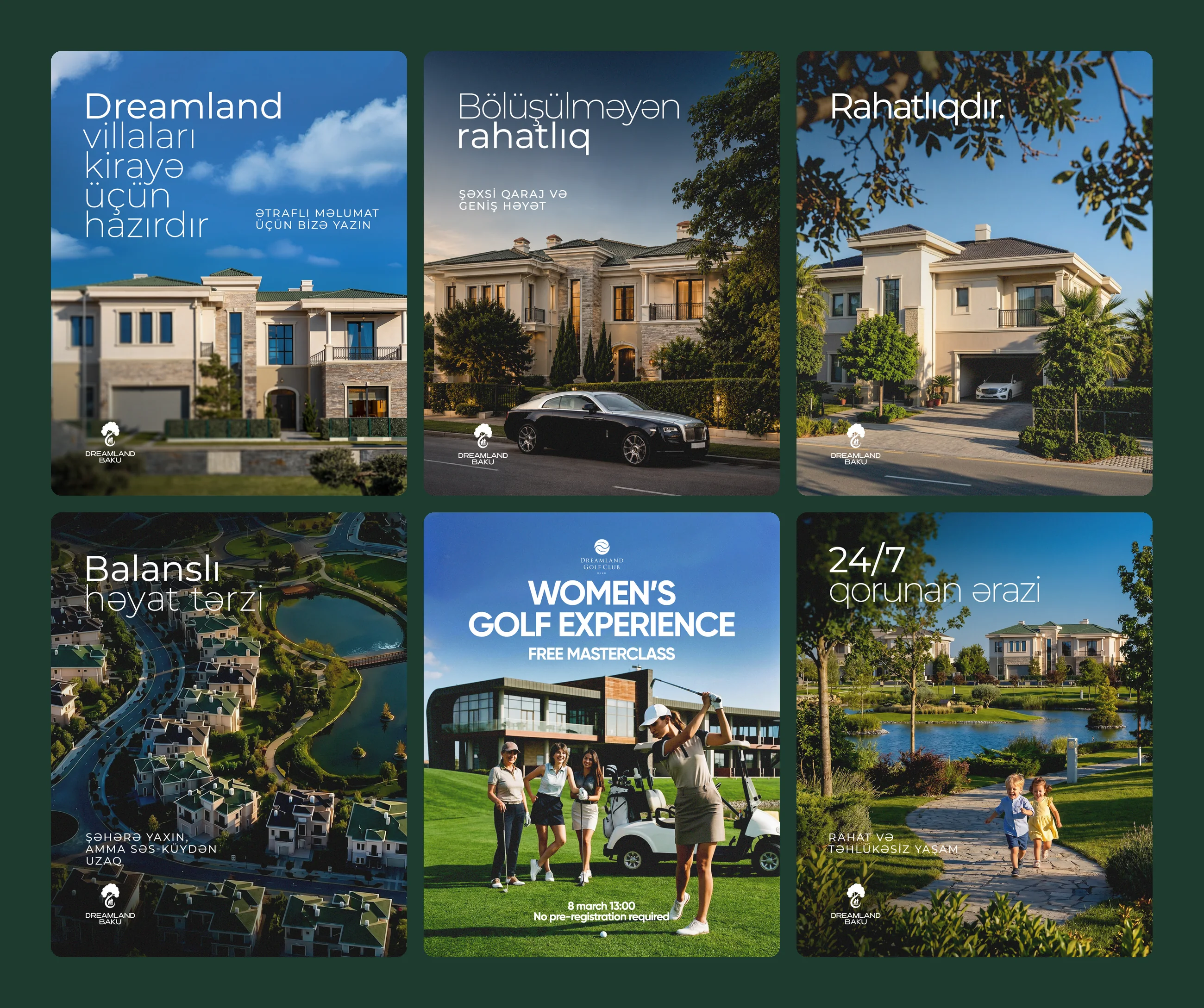 Six Dreamland Baku posts: villas for rent, private garages, a villa with a car, an aerial view of the estate, a women's golf masterclass and children in the gardens