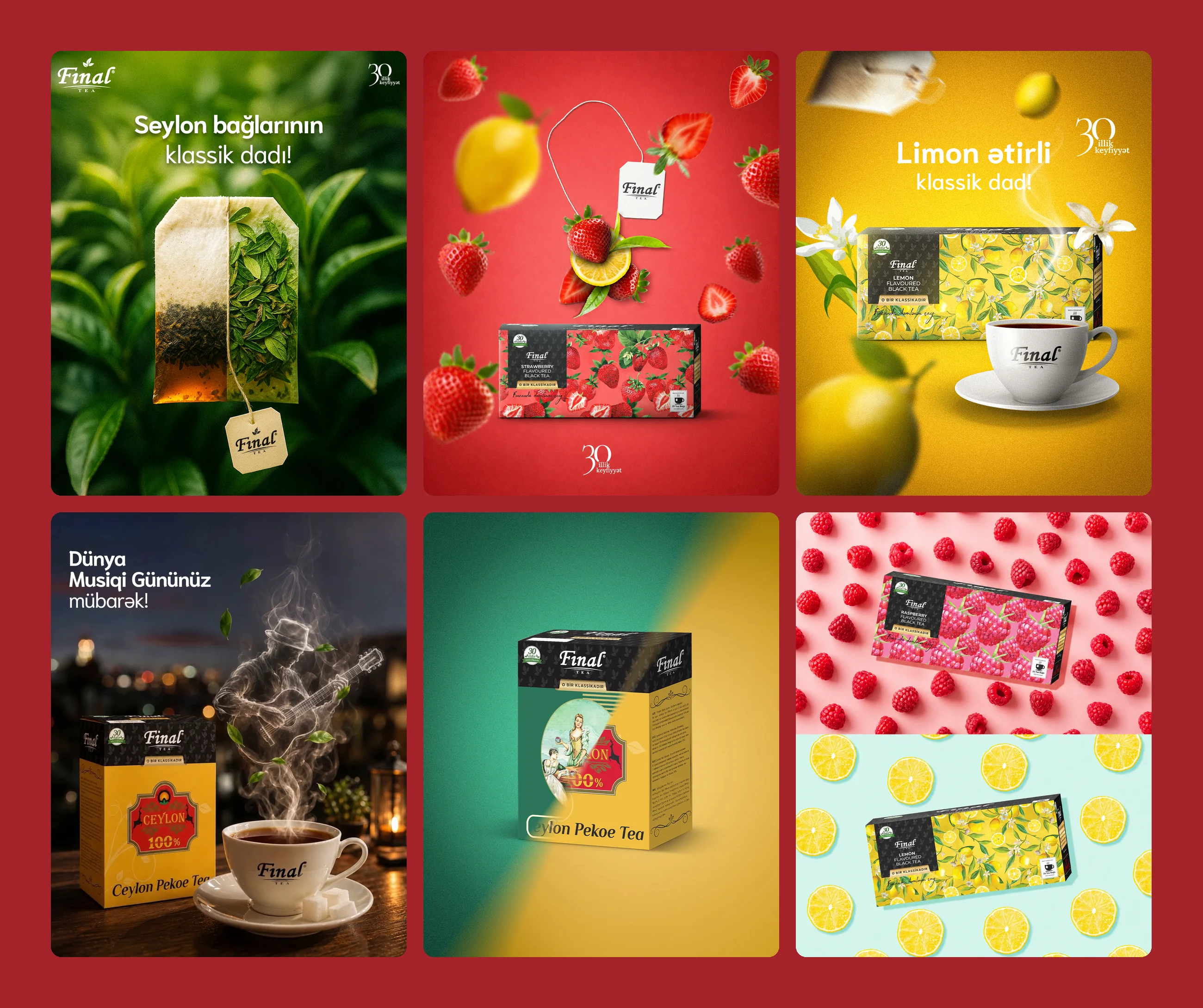 Six Final tea posts: a tea bag full of leaves, strawberry and lemon, a lemon blend, World Music Day, Ceylon Pekoe and raspberry and lemon patterns
