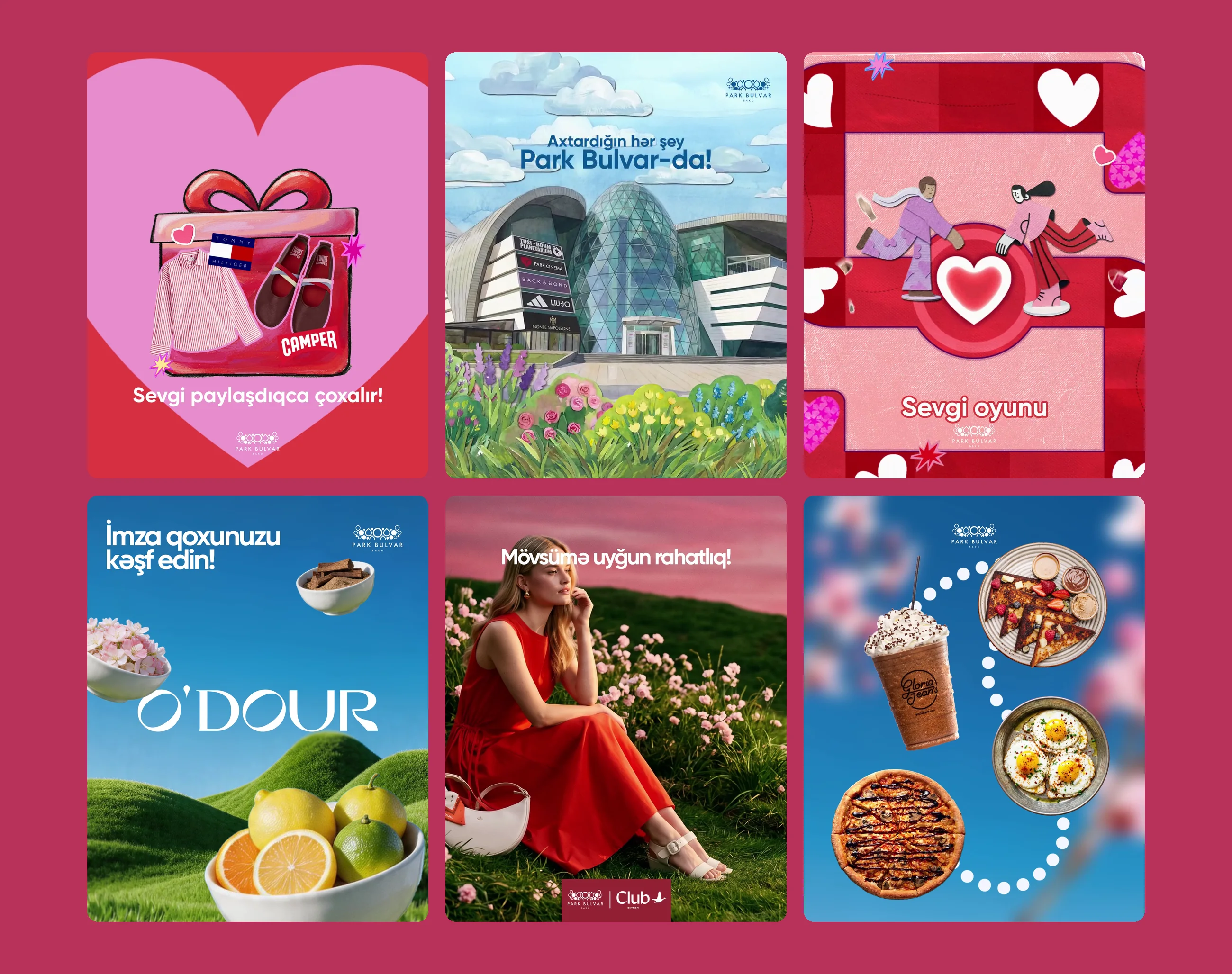 Six Park Bulvar posts: a Valentine's gift box, the mall in spring, a love game, a perfume launch, a woman in a flower field and café food