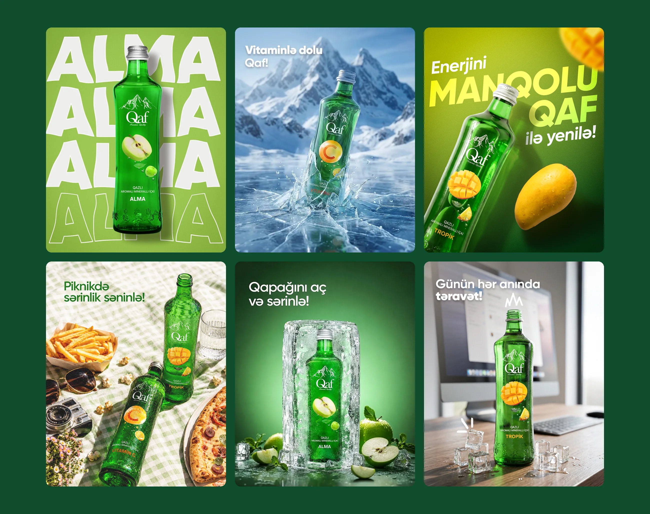 Six Qaf posts: the apple flavour, a bottle breaking through ice, the mango flavour, a picnic, a bottle in an ice block and a bottle on a desk