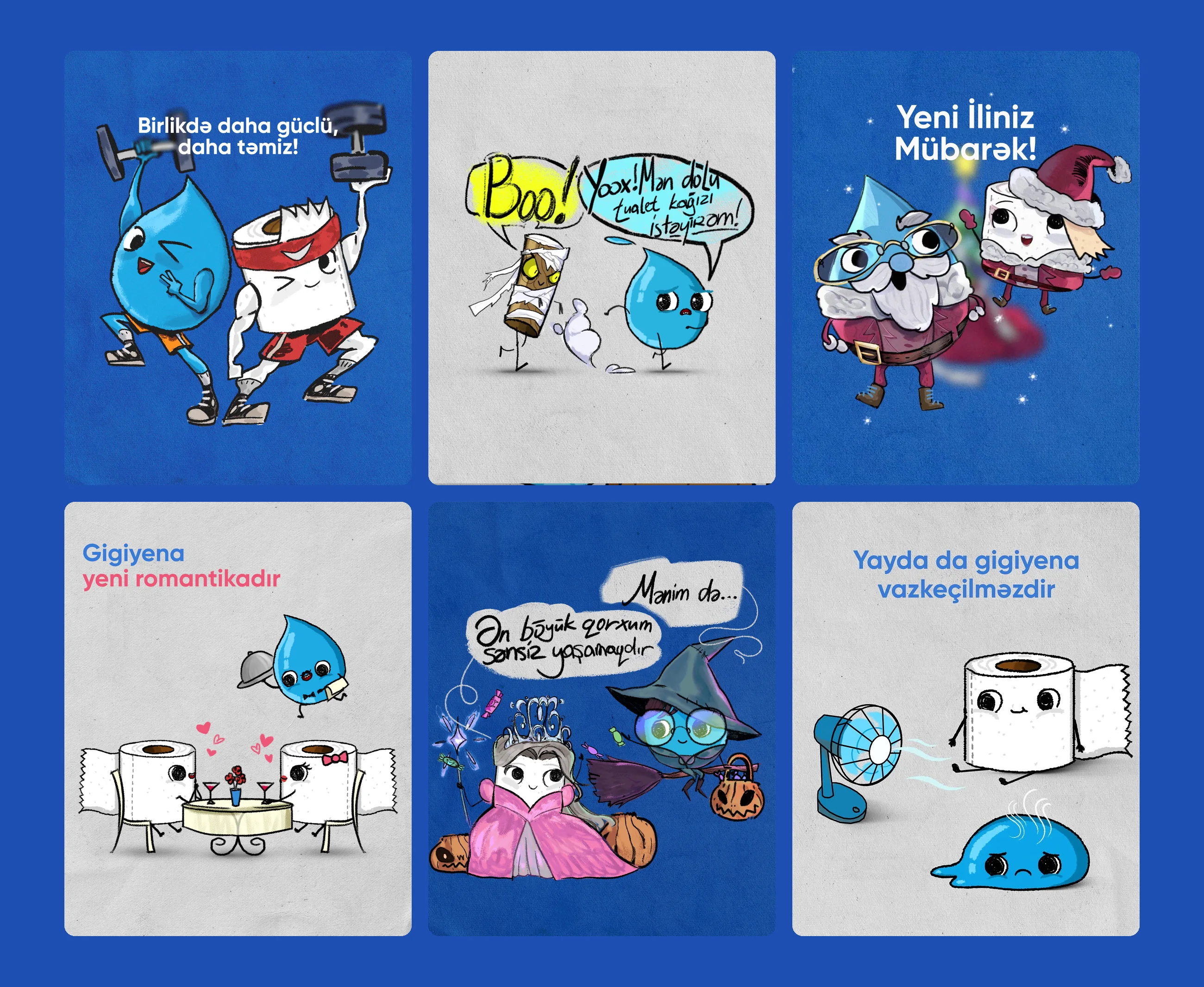 Six Sağlam Həyat comic posts with a water drop and a toilet roll: working out, Halloween, New Year, a date, a costume party and a summer fan