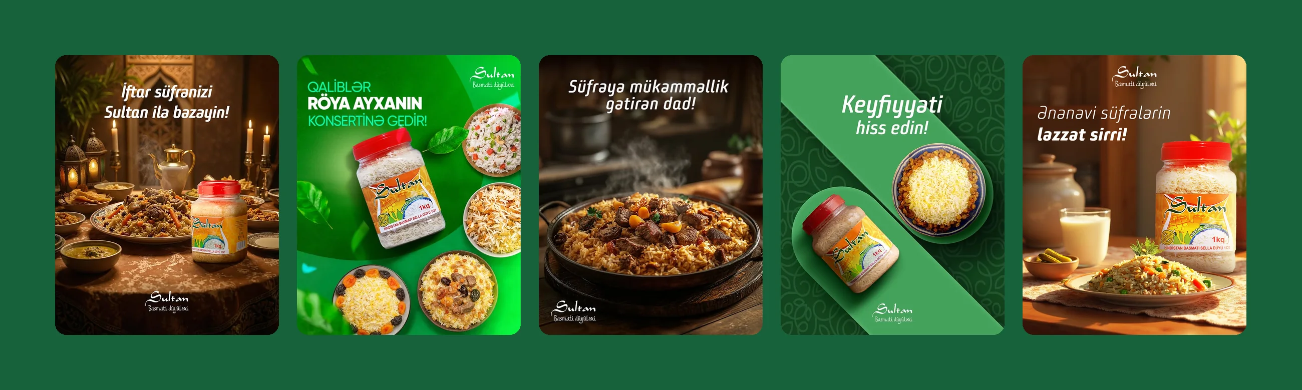 Five Sultan Basmati posts: an iftar table, a concert giveaway, plov in a pan, the rice jar with a plate of rice and a traditional table