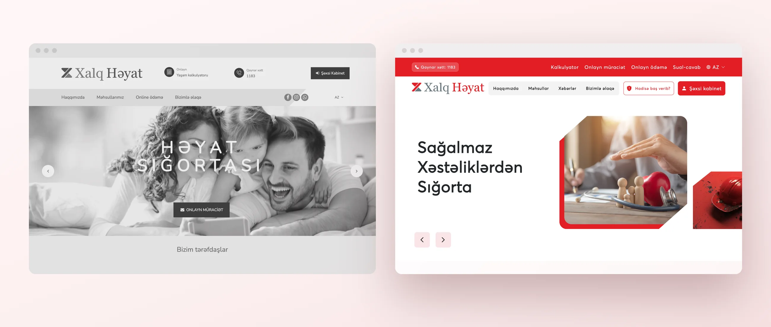 The old home page in grey next to the new home page in the Xalq red