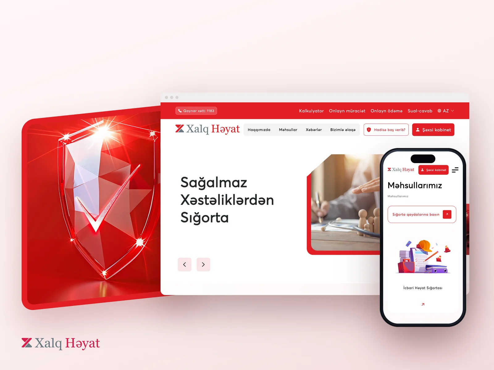 The new Xalq Həyat website on a desktop and a phone, next to a glass shield in a slanted red frame, on pink