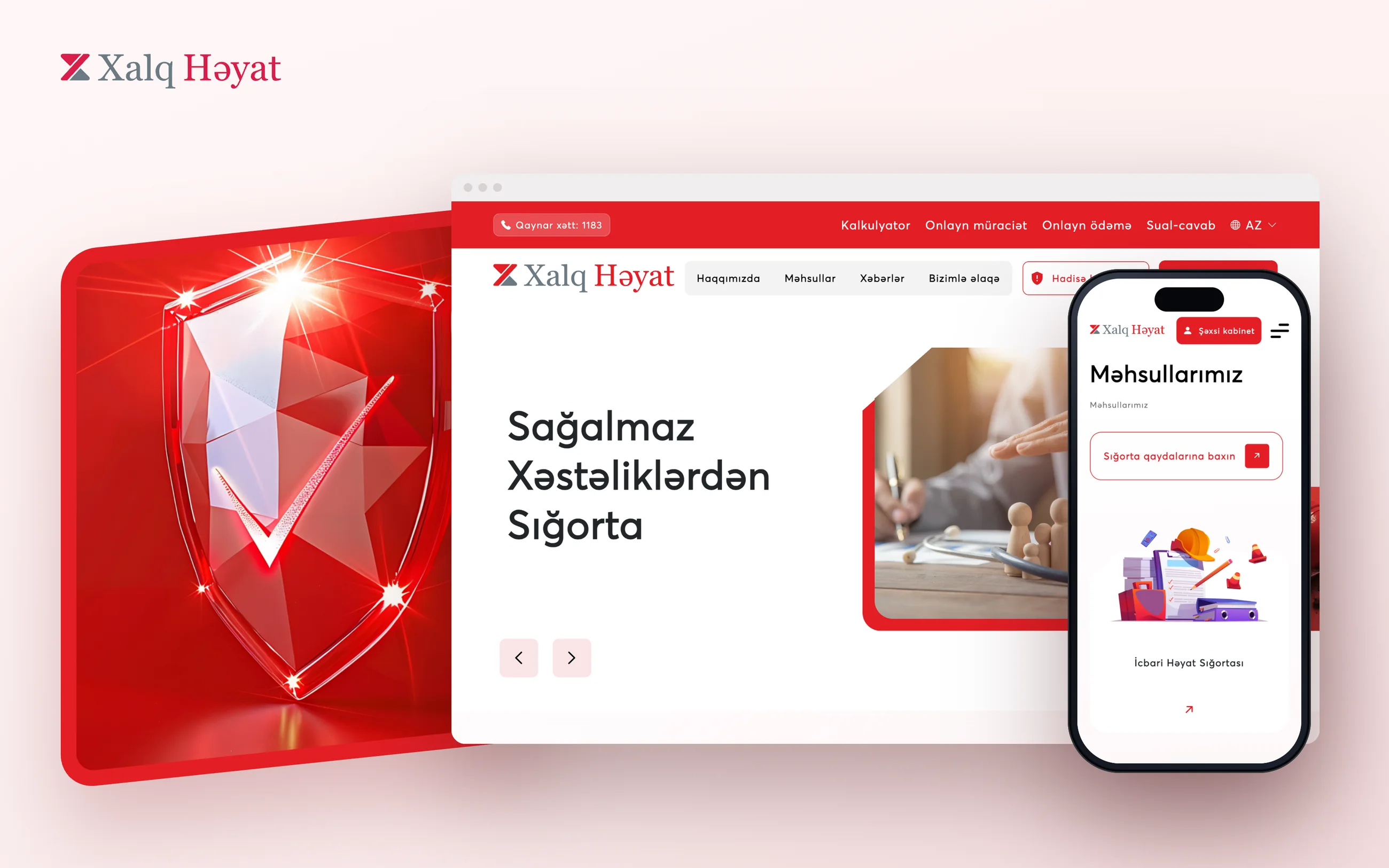 The new Xalq Həyat website on a desktop and a phone, next to a glass shield in a slanted red frame, on pink