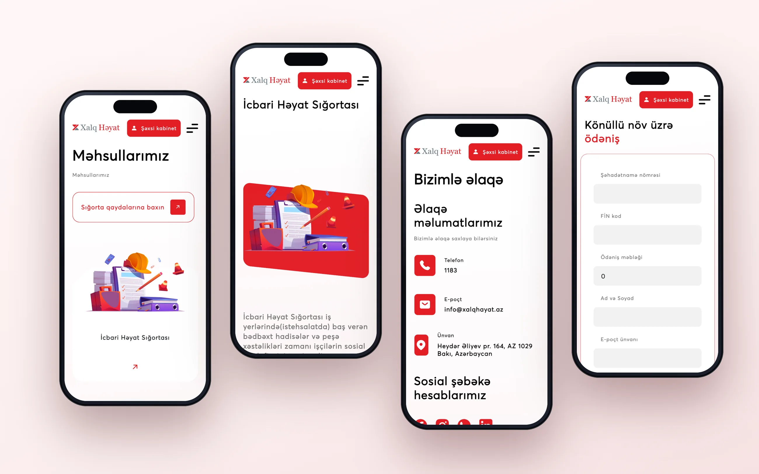 Four phones showing the home page, the product list, a product page and the payment form