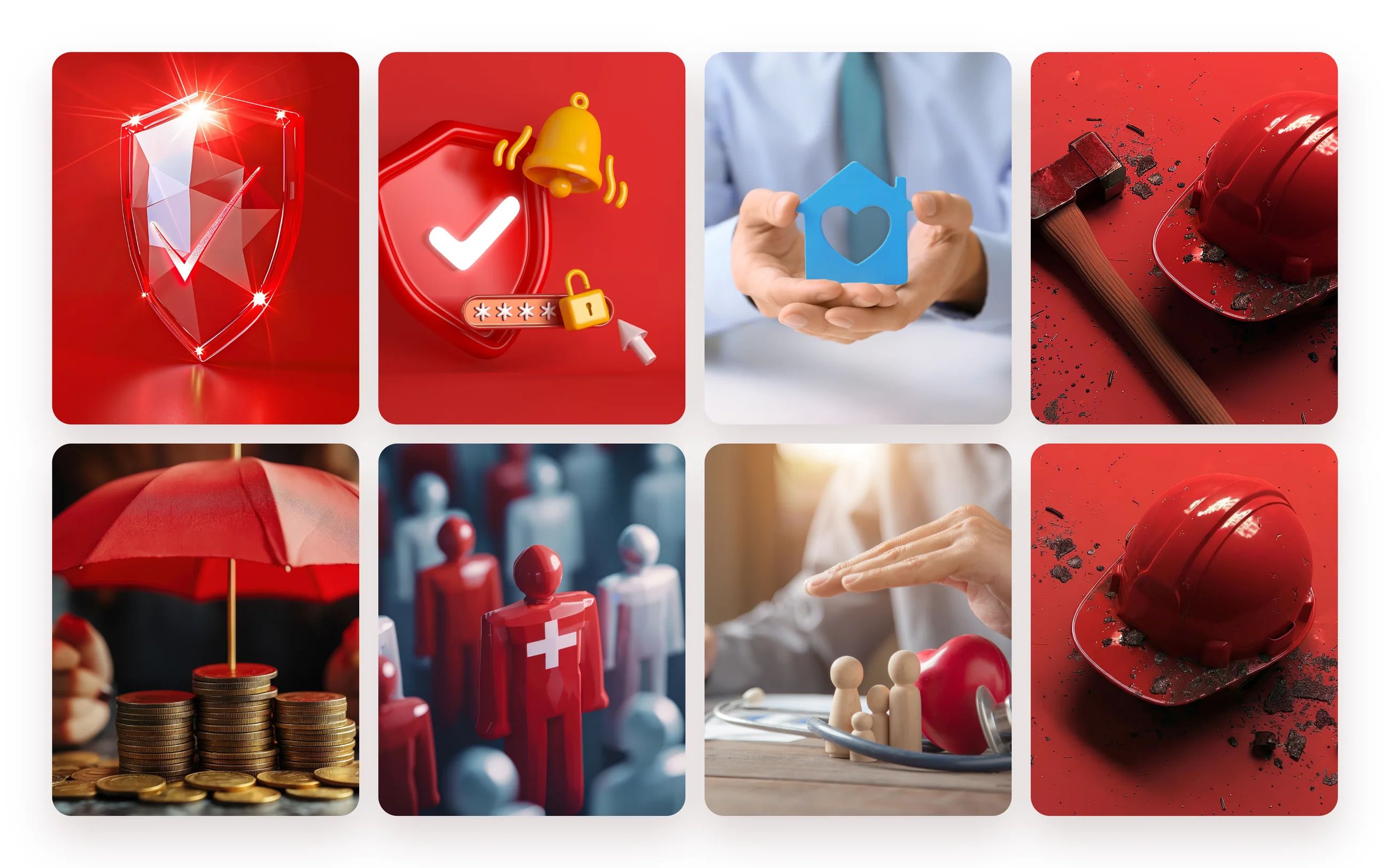 Eight product images in the Xalq red: a glass shield, a shield with a bell and a lock, a paper house held in two hands, a hard hat and hammer, an umbrella over coins, red figures in a crowd, a hand over a family and a heart